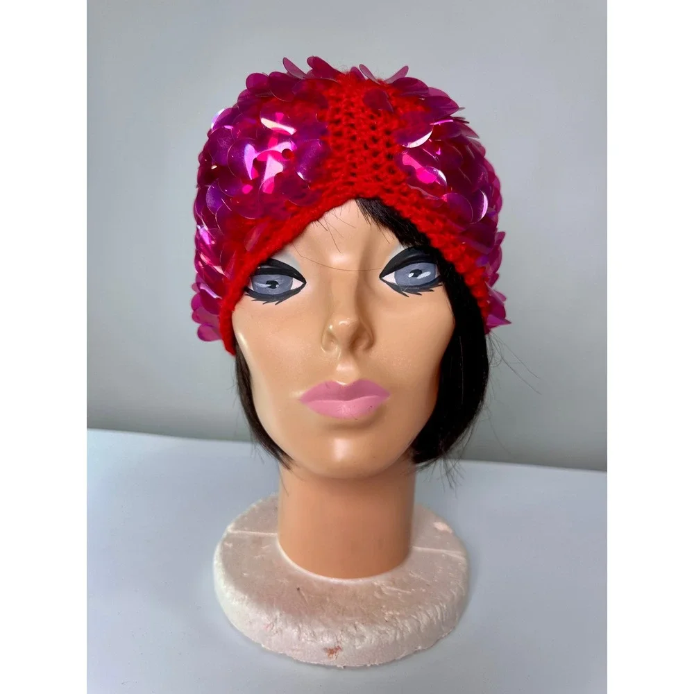 Vintage 1960s Red Wool Knit MOD Hat Large Pink Sequins Futuristic Made in Italy